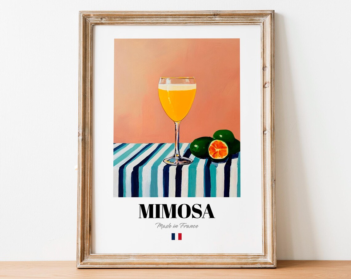 French Mimosa Art Print Poster Orange And Sparkling Wine Artwork For Bistros Cafs