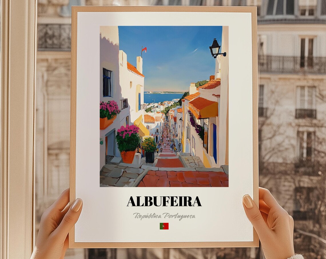 Albufeira Portugal Steep Street Ocean Oil Painting Travel Poster