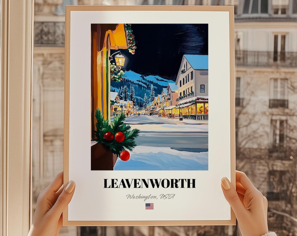 Leavenworth Washington USA Snowy Christmas Town Night Scene Poster