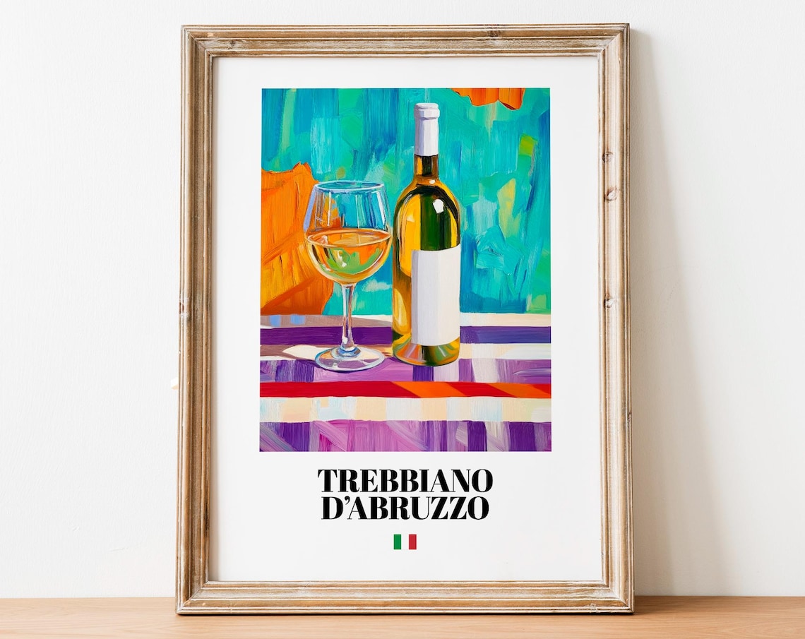 Trebbiano D'Abruzzo Italian Wine Poster Colorful Still Life Scene