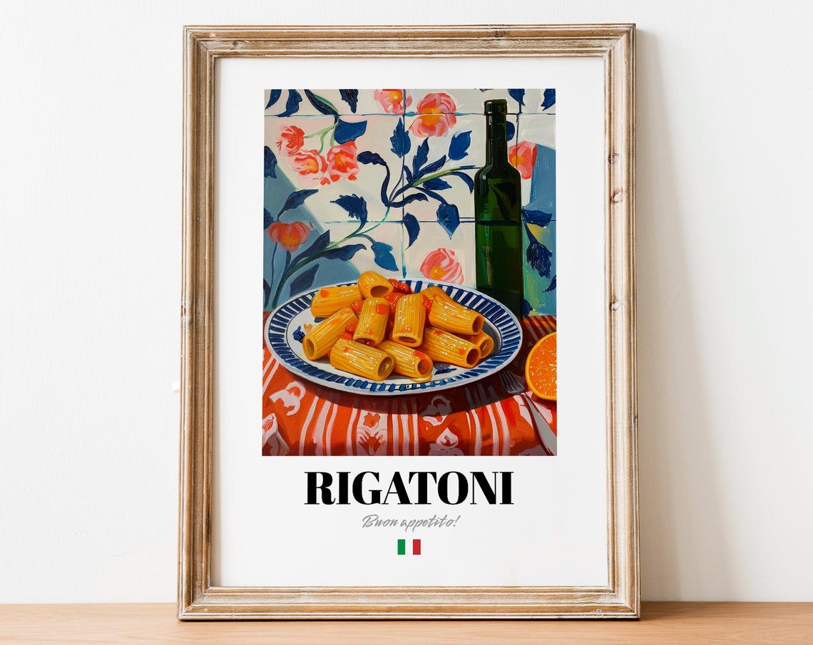 Rigatoni Italian Pasta Orange Sauce Vintage Kitchen Food Art Poster