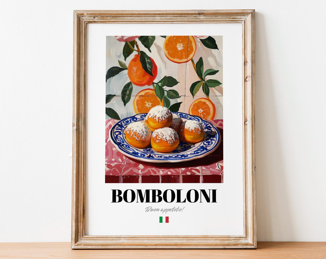 Bomboloni Italian Sugar Donuts Dessert Poster On Patterned Table