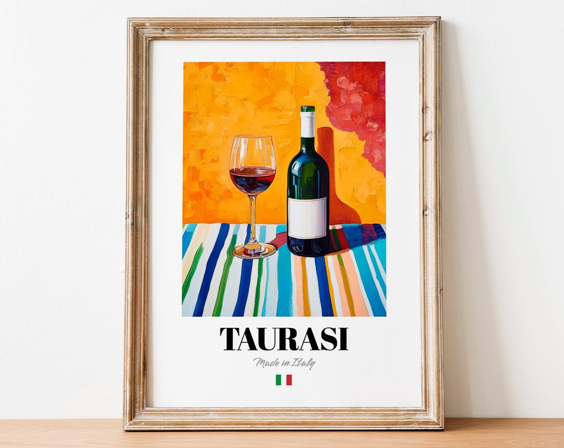 Taurasi Italian Wine Painting Bottle and Glass Warm Orange Tones Poster