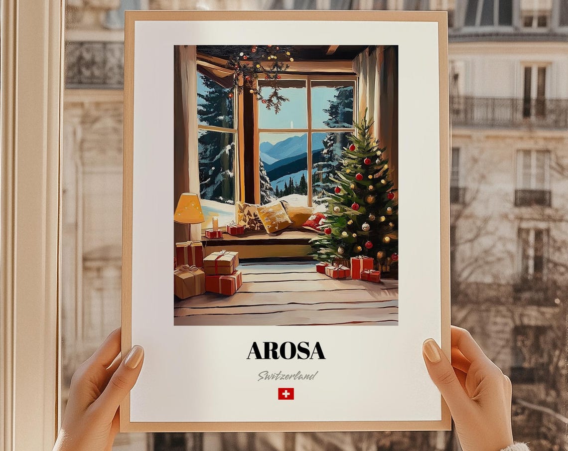 Arosa Switzerland Christmas Window Seat Snowy Mountain Scene Poster