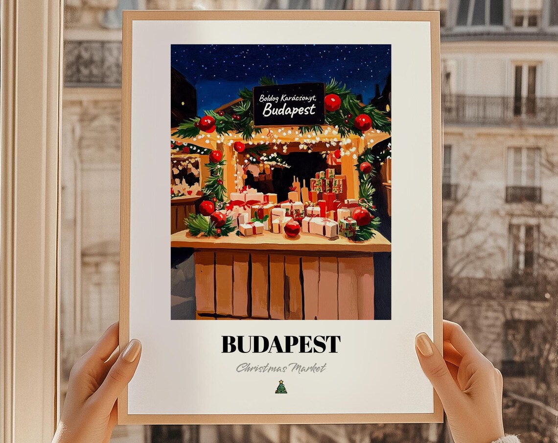 Budapest Christmas Market Night Stall Hungary Gift Travel Poster