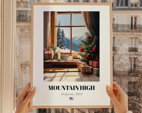Mountain High California USA Christmas Cabin Window Scene Poster