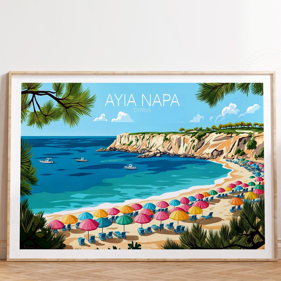 Ayia Napa Cyprus Umbrella Beach Curved Bay Cliffs Top Title Poster