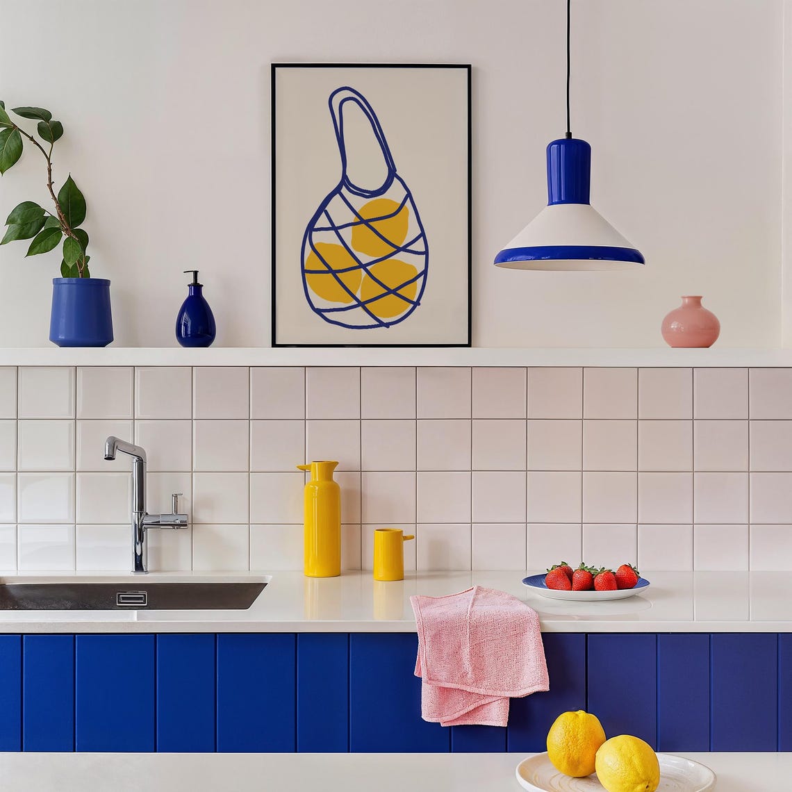 Lemons in Blue Net Bag Modern Still Life Kitchen Illustration Poster