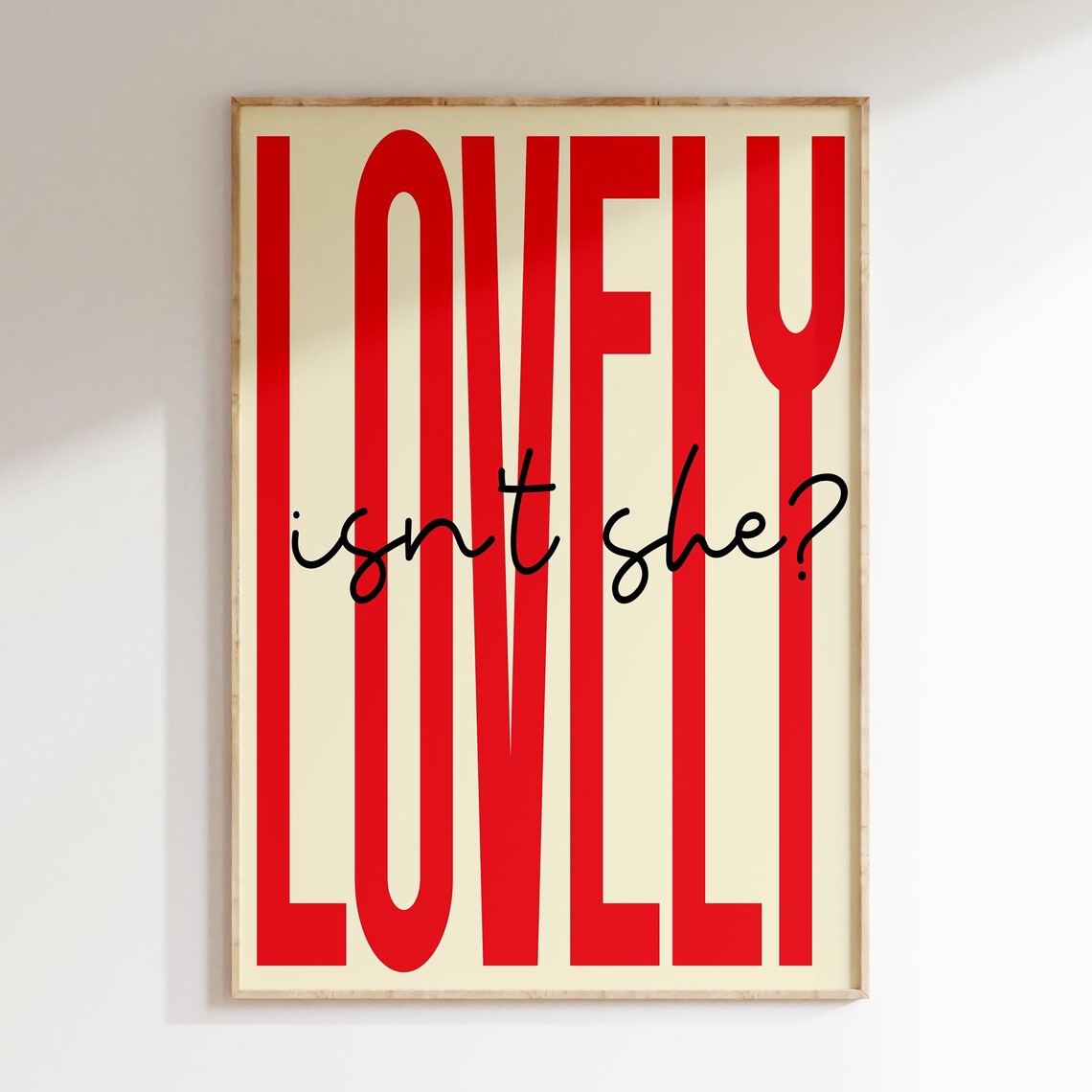 Lovely Isnt She Red Bold Cream Retro Typography Tall Condensed Type Poster