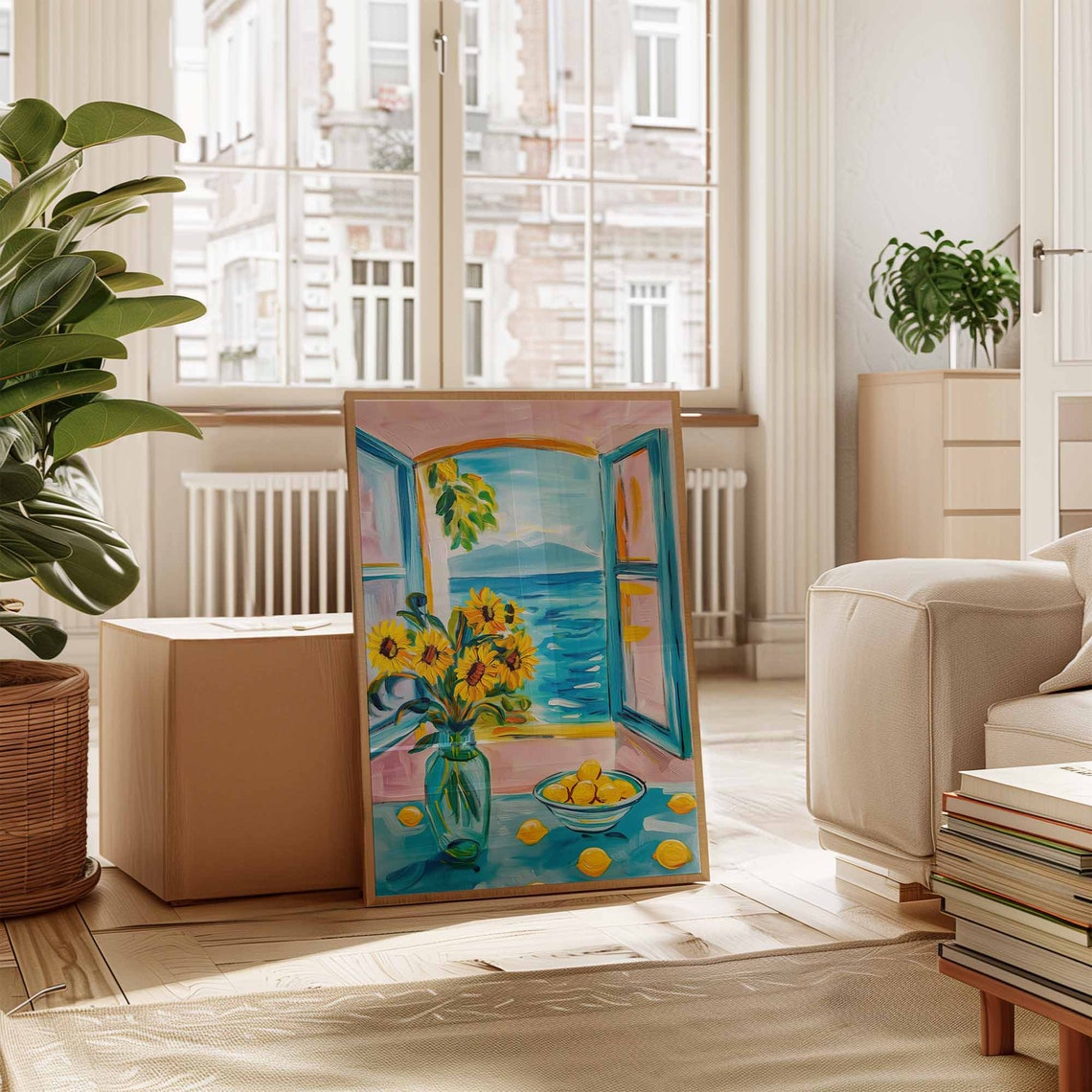 Henri Matisse Style Sunflowers Lemons Pink Blue Window Poster - Image 2
