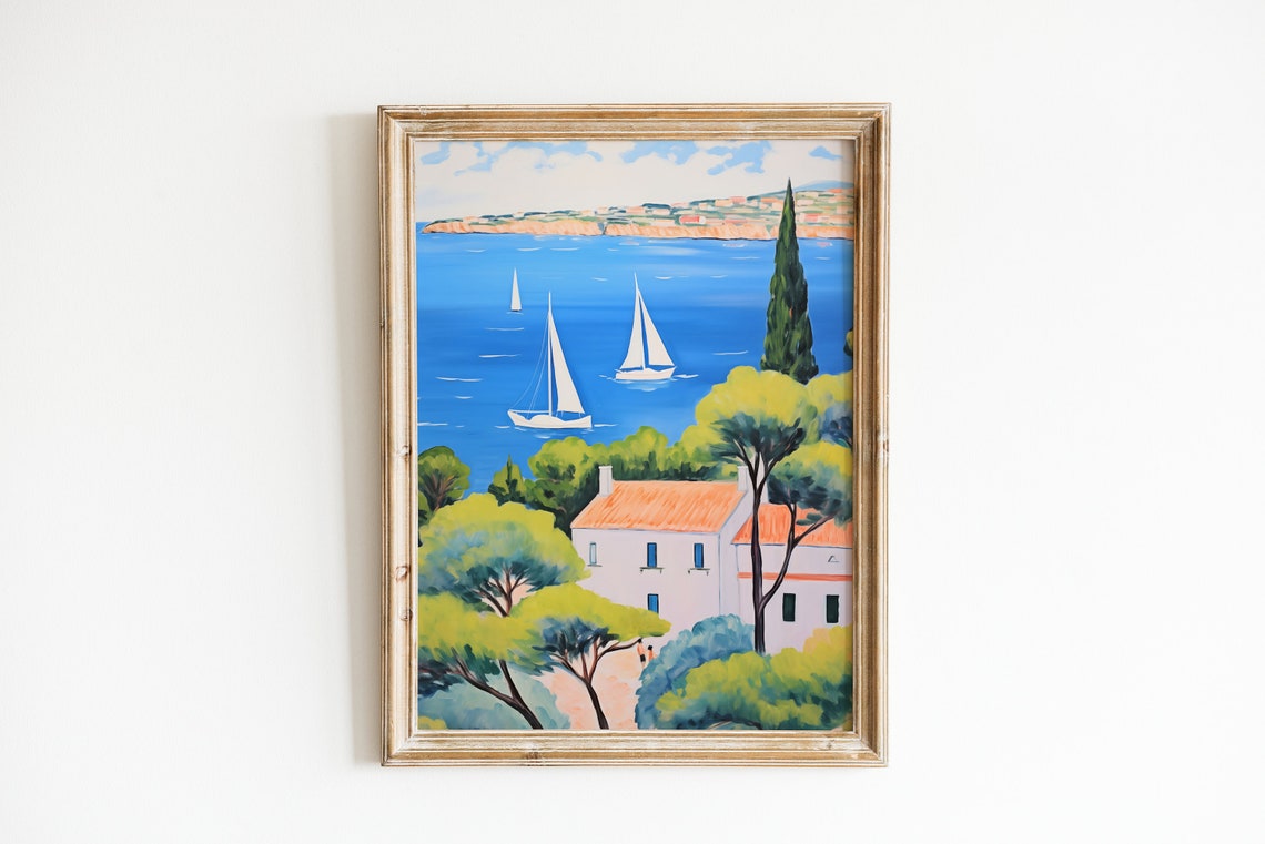 Sailboats Blue Bay Cypress Trees Villa Mediterranean View Poster - Image 4