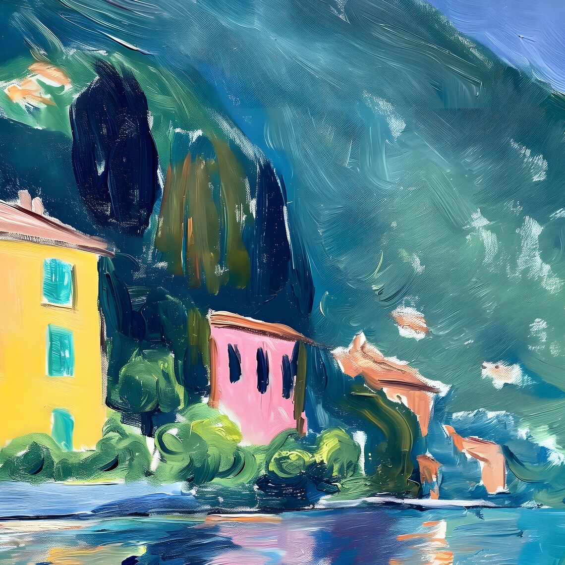 Colorful Lakeside Houses Reflection Fauvist Village Water Poster - Image 4