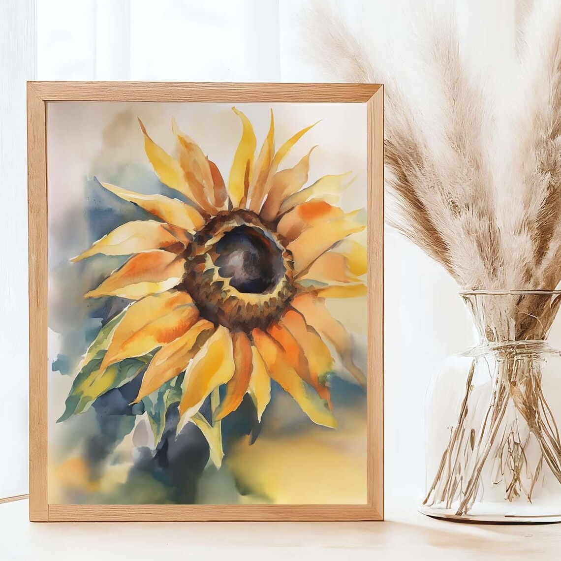 Golden Sunflower Watercolor Close Up Cheerful Yellow Bloom Wall Art