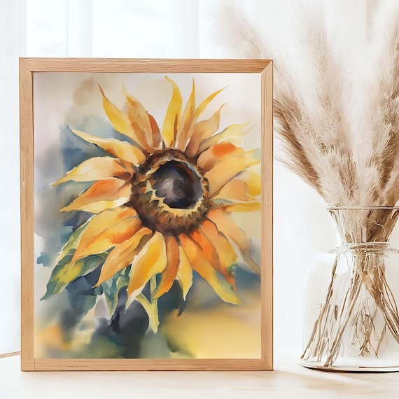 Golden Sunflower Watercolor Close Up Cheerful Yellow Bloom Wall Art