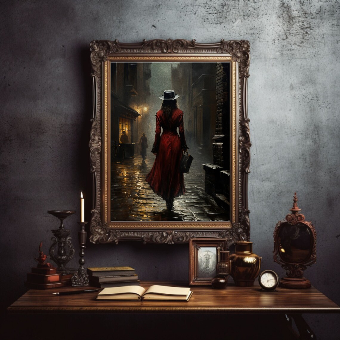 Dark Academia Woman Red Dress Black Hat Rainy Cobblestone Night Poster - Image 2