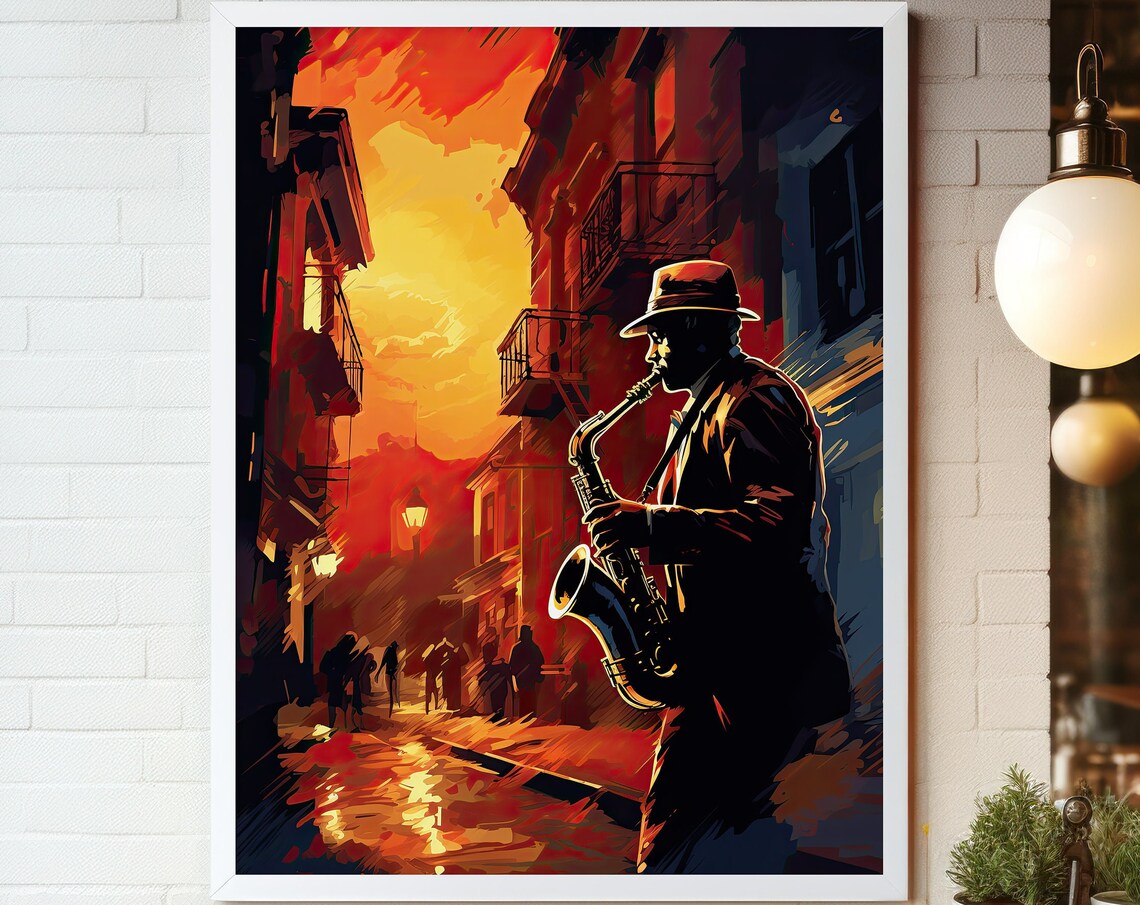 Saxophone Player Sunset Street Jazz Scene Painterly Art Poster - Image 7