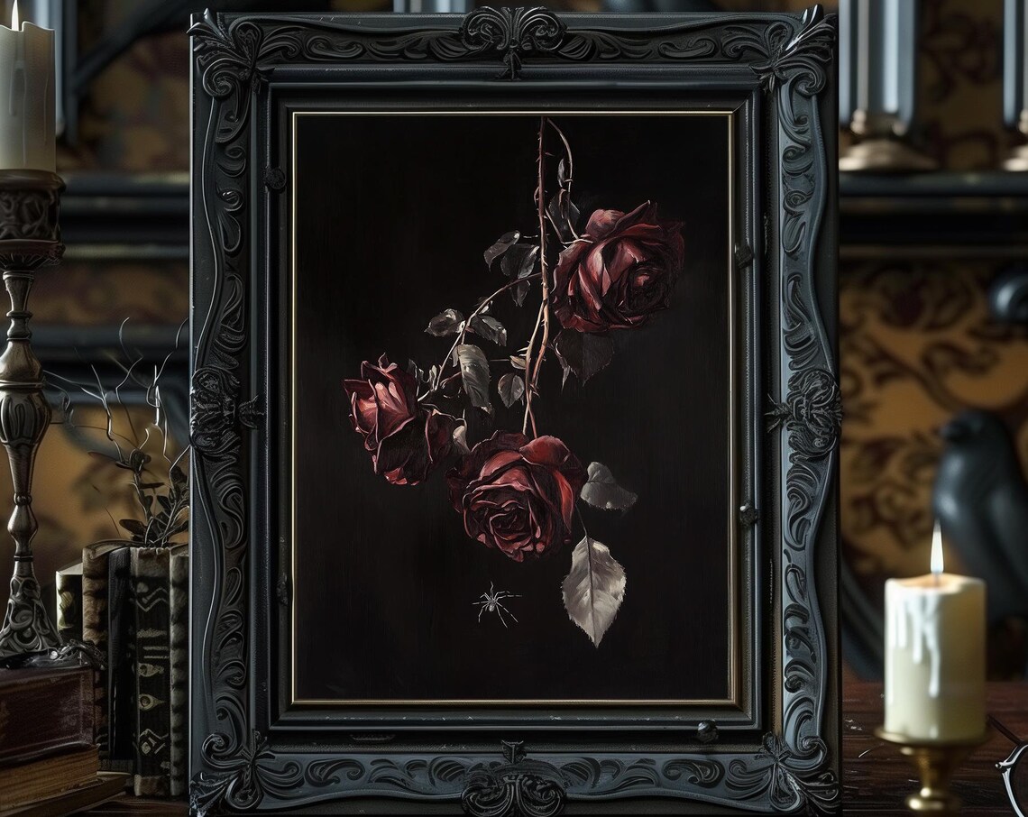Dark Red Roses Gothic Floral Still Life Oil Painting Wall Art