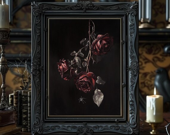 Dark Red Roses Gothic Floral Still Life Oil Painting Wall Art
