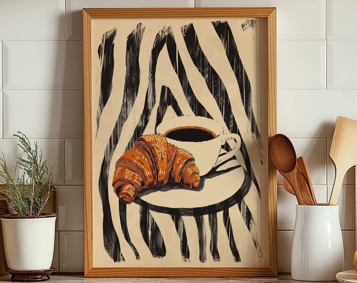 Morning Croissant And Coffee Cup Bold Kitchen Breakfast Wall Art
