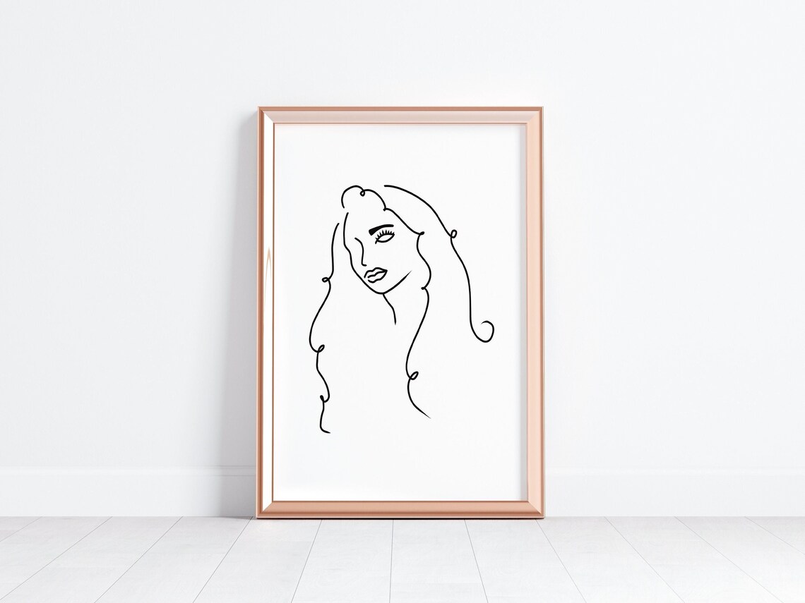 Minimalist One Line Woman Face Long Curly Hair Sketch Wall Art