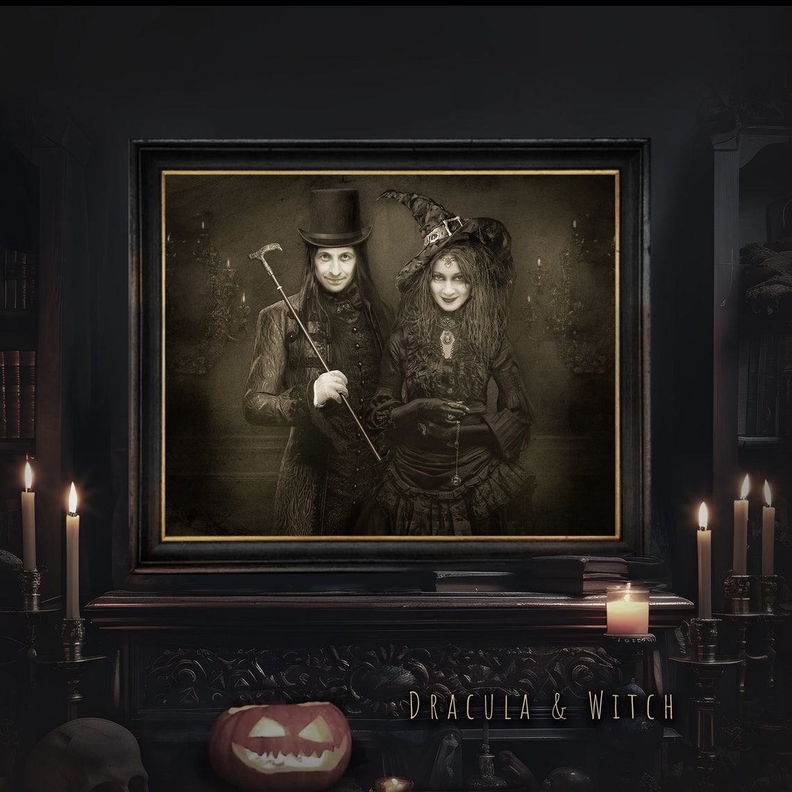 Custom Haunted Couple Portrait With Ghosts Halloween Sepia Art Poster - Image 3