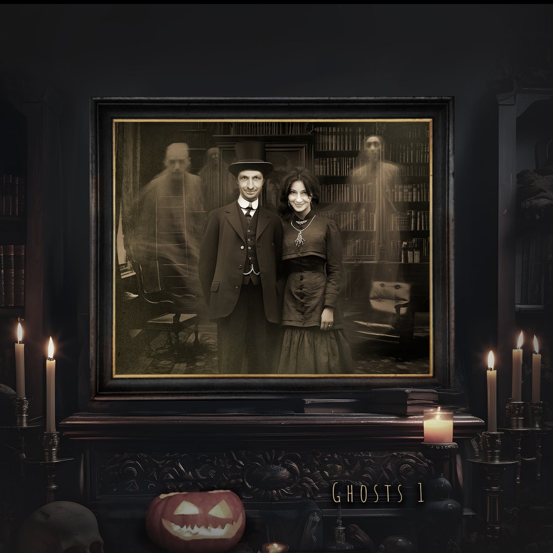 Custom Haunted Couple Portrait With Ghosts Halloween Sepia Art Poster - Image 4