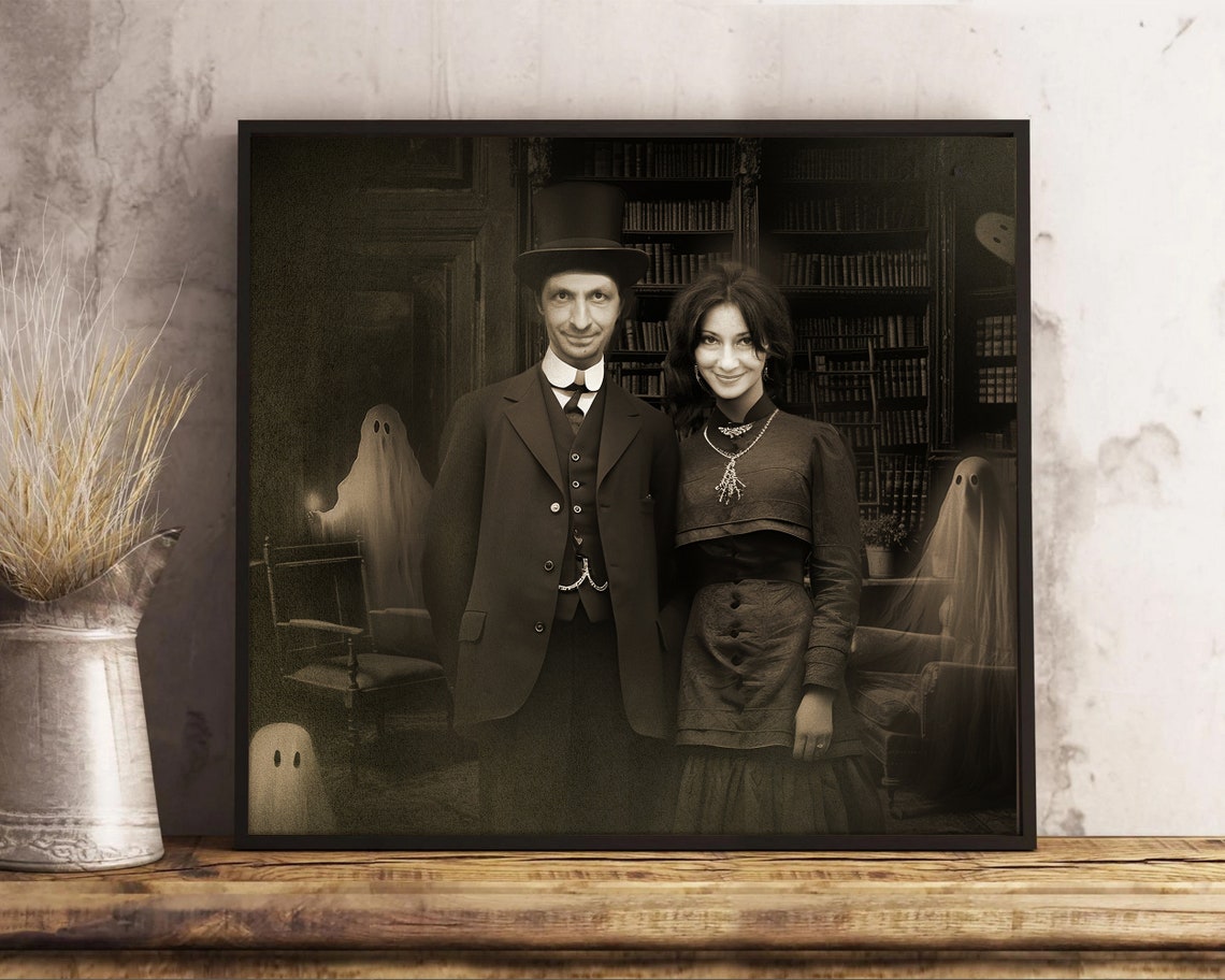 Custom Haunted Couple Portrait With Ghosts Halloween Sepia Art Poster