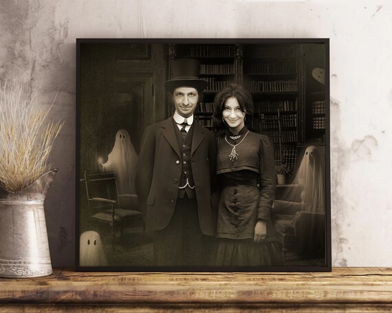 Custom Haunted Couple Portrait With Ghosts Halloween Sepia Art Poster