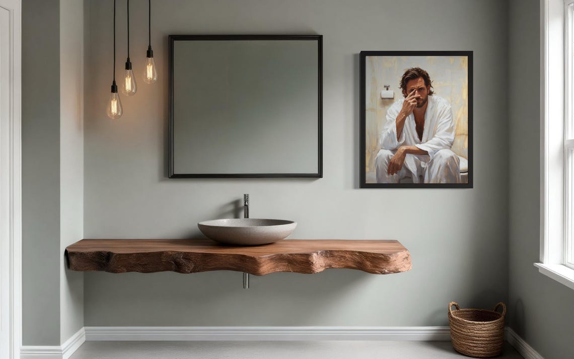 Bearded Man in White Robe Holding Nose by Toilet Paper Poster - Image 3