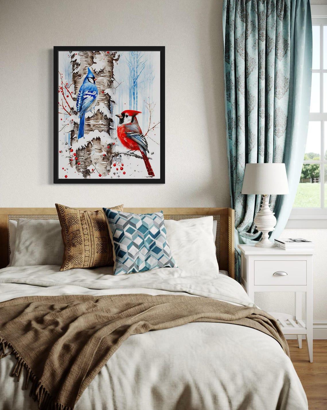 Blue Jay And Red Cardinal In Snowy Birch Forest Winter Poster - Image 3