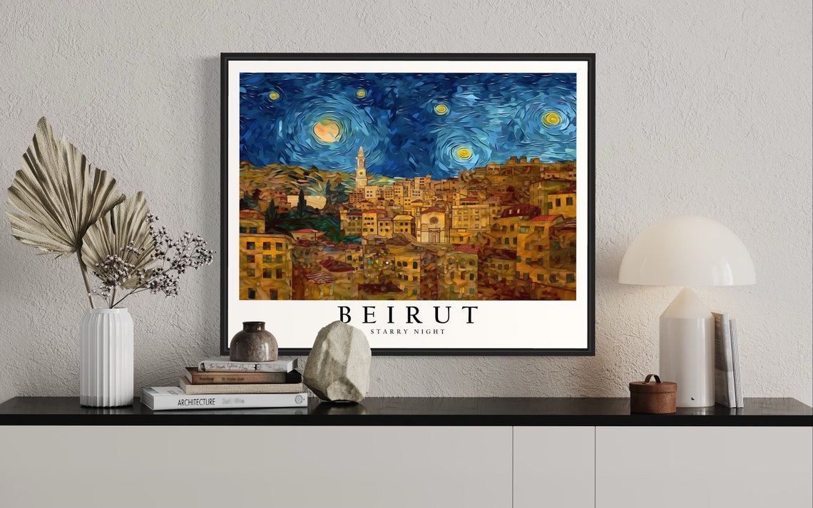 Beirut Lebanon Starry Night Old Town Hillside Skyline Art Poster - Image 2