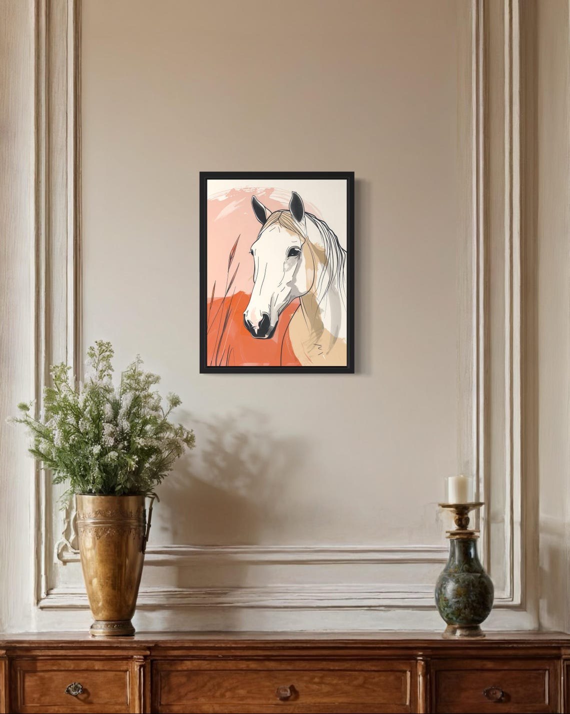 White Horse Head Elegant Line Art Peach Abstract Decor Poster - Image 2
