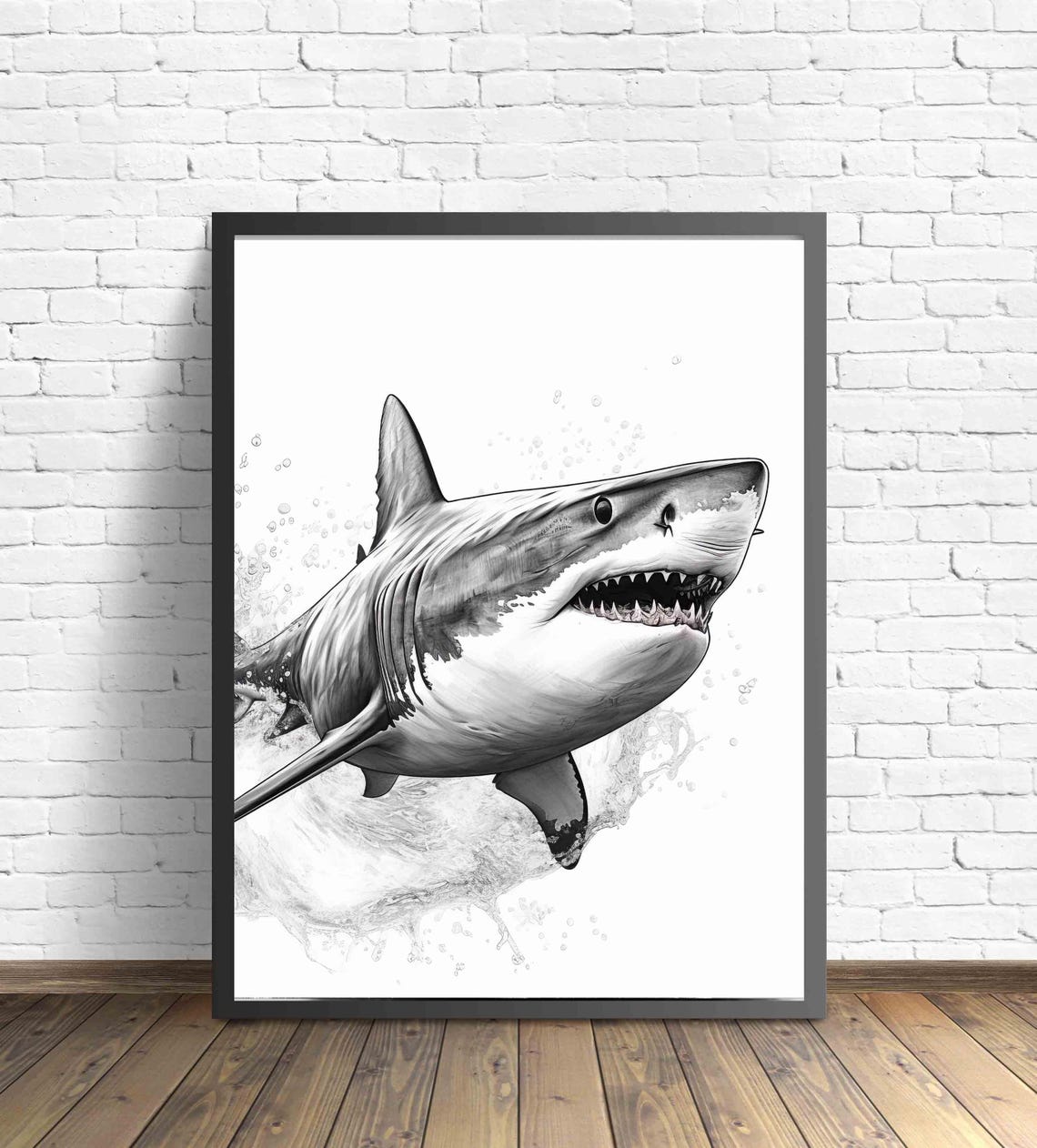 Great White Shark Black and White Breaching Ocean Wave Poster - Image 3