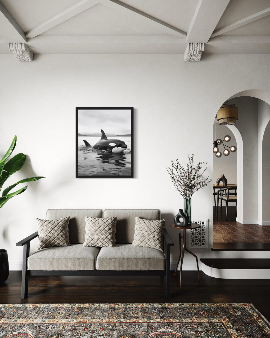 Orca Surfacing In Calm Water Black And White Photo Art Poster - Image 2