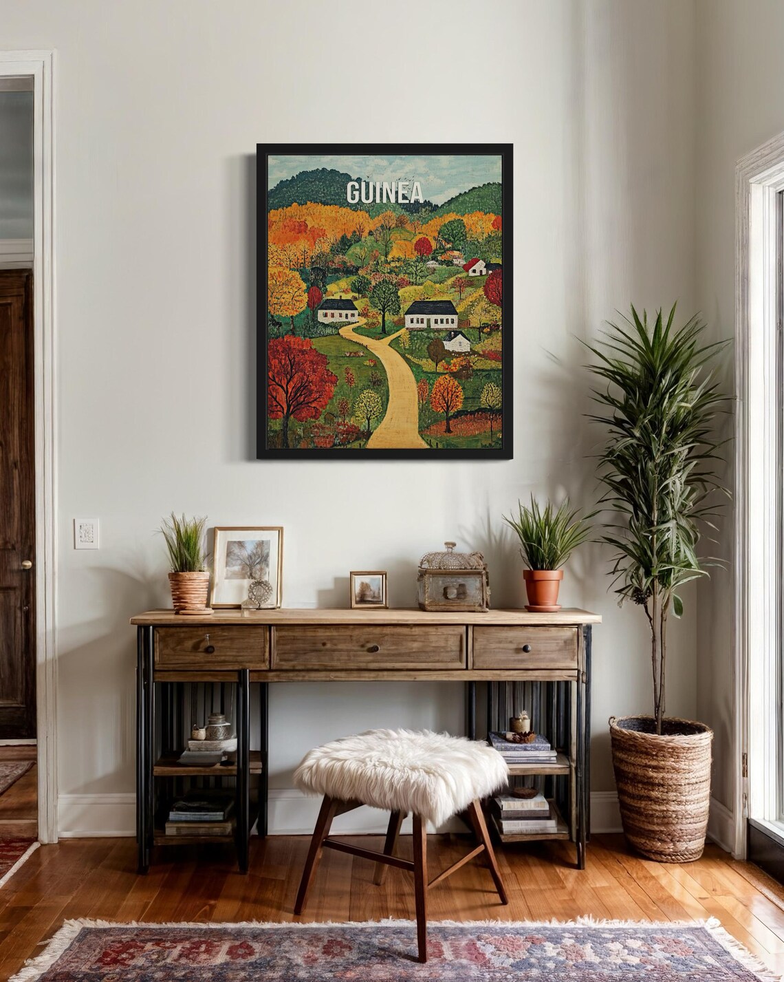 Guinea Fiery Autumn Valley Winding Dirt Road Naive Folk Art Poster - Image 2