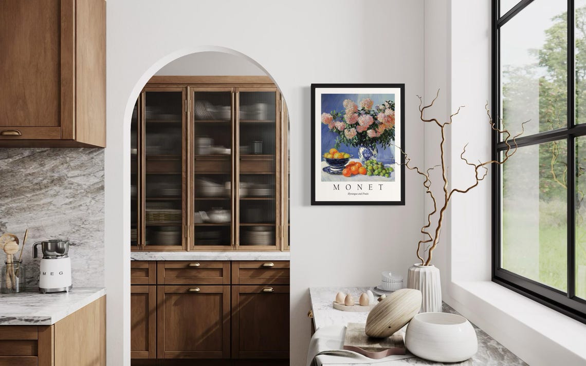 Pink Hydrangeas with Fruit Bowl Monet Style Still Life Poster - Image 4