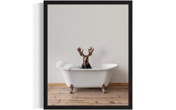 Moose with Antlers Sitting in a White Bubble Bath Tub Photo Poster