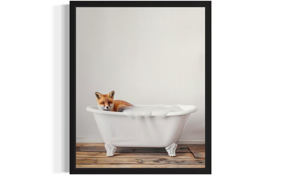 Tiny Baby Fox Cub Peeking Over Vintage Clawfoot Bathtub Cute Poster