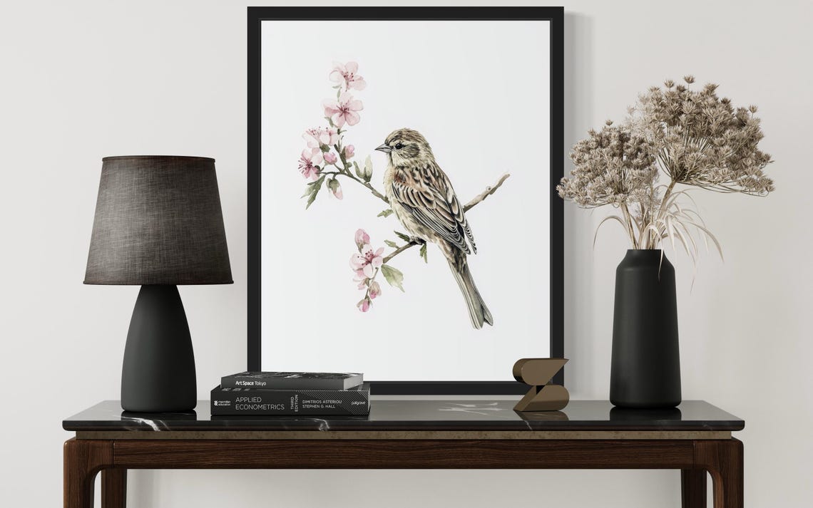 Pine Siskin Songbird on Cherry Blossoms Watercolor Bird Poster - Image 2