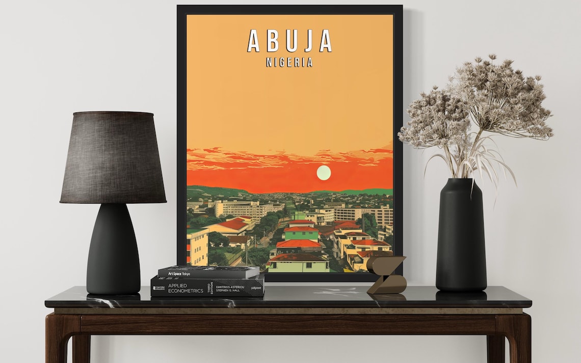 Abuja Nigeria Sunset City Skyline Vintage Style Travel Art Poster - Image 3