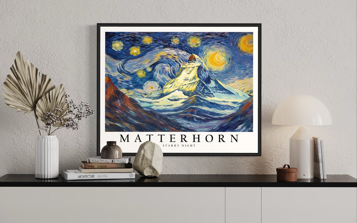 Matterhorn Starry Night Snow Peak Alpine Glow Painting Art Poster - Image 2