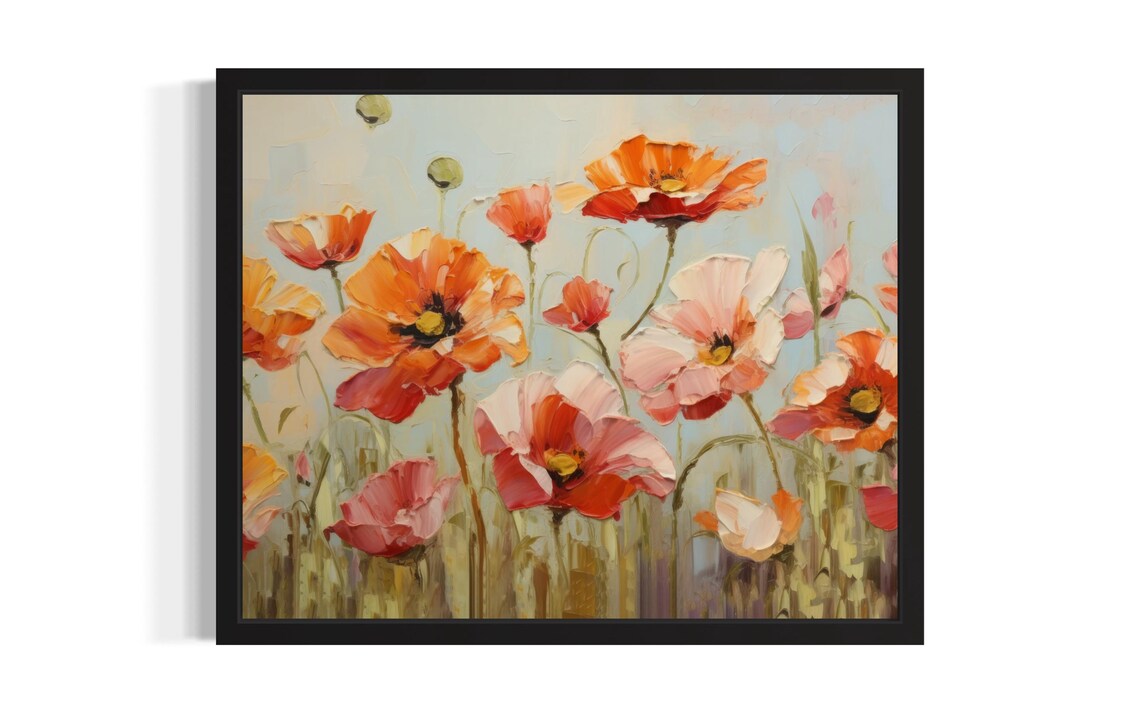 Orange and Pink Poppies Swaying in Blooming Field Painting Poster