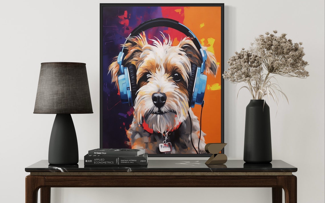 Biewer Terrier Puppy Wearing Blue Headphones Pop Art Portrait Poster - Image 3