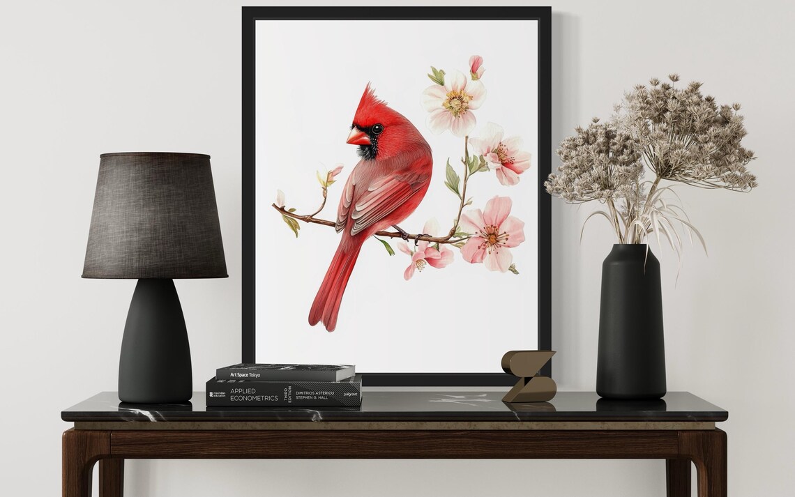 Northern Cardinal Among Pink Blossoms Watercolor Red Bird Poster - Image 2