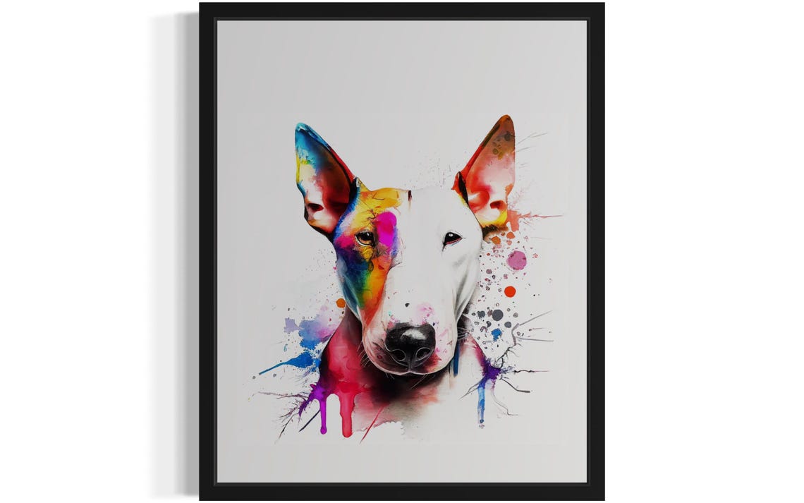 White Bull Terrier Rainbow Watercolor Splash Portrait Poster