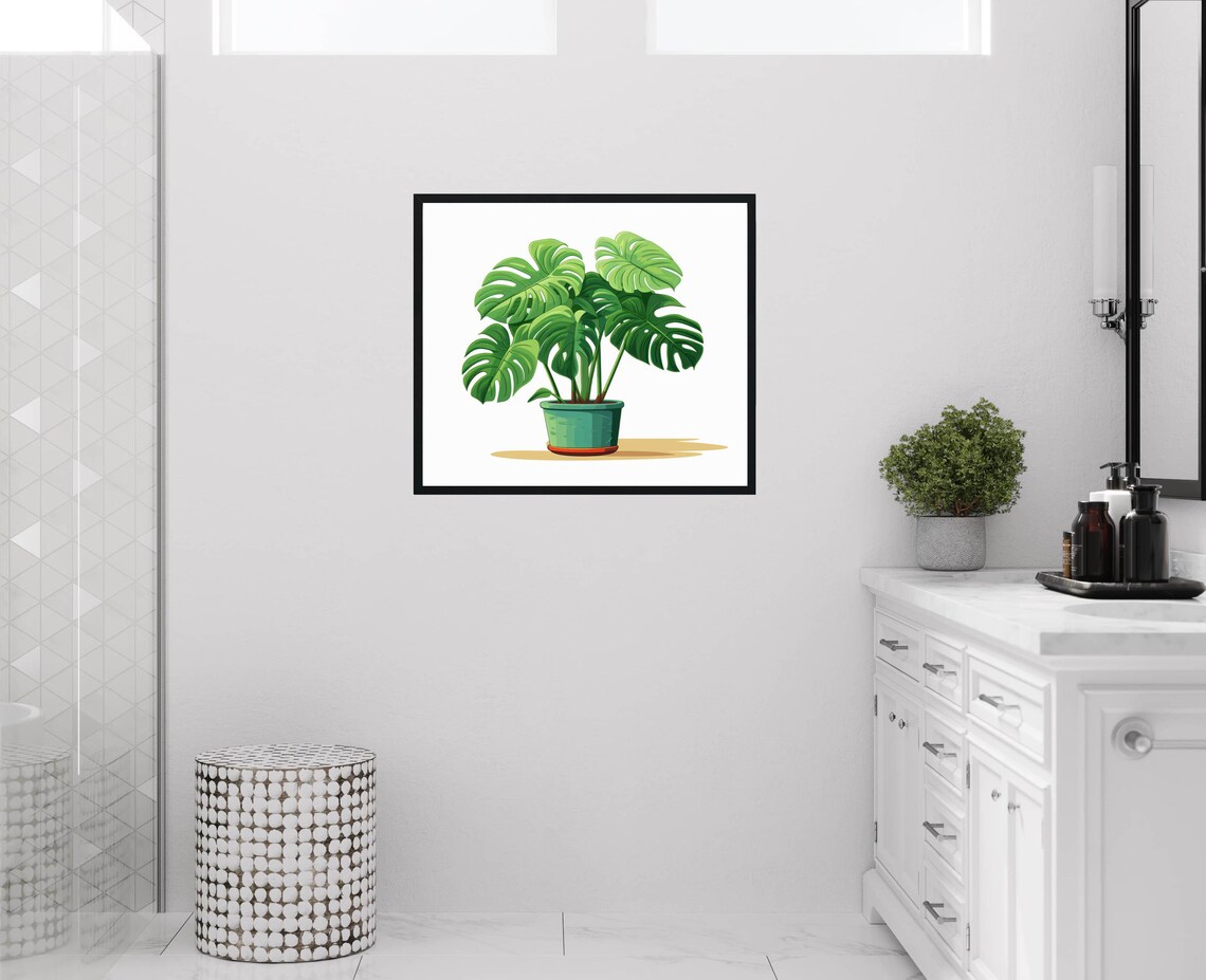 Monstera Deliciosa Plant Illustration Teal Pot Botanical Art Poster - Image 2