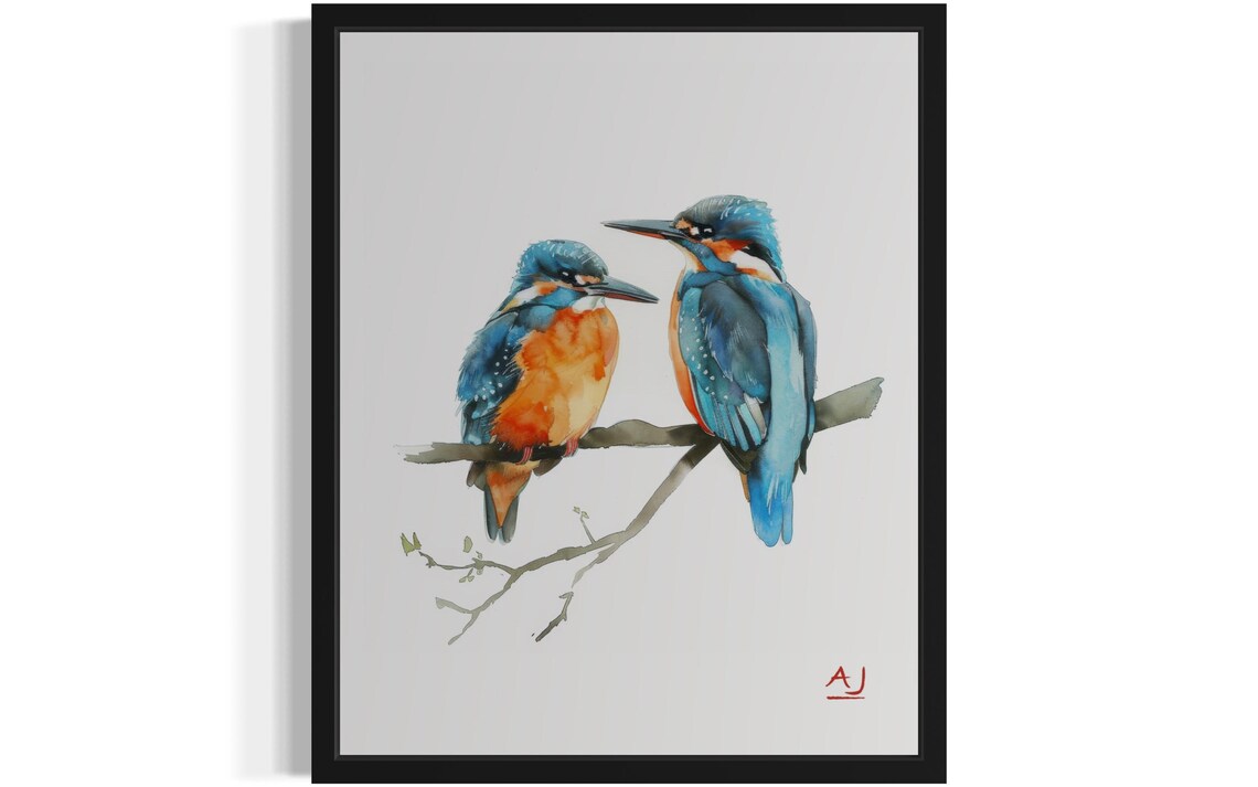 Two Kingfishers Perched Together In Watercolor Bird Art Poster
