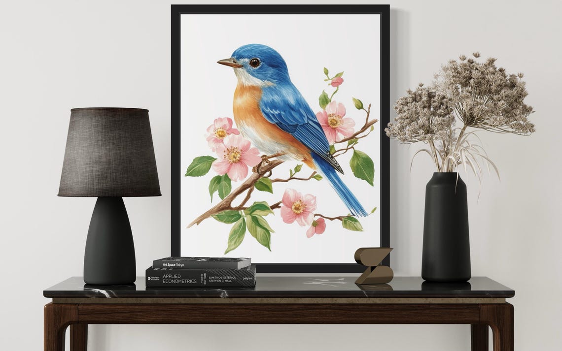 Eastern Bluebird on Blossom Branch Botanical Watercolor Poster - Image 2