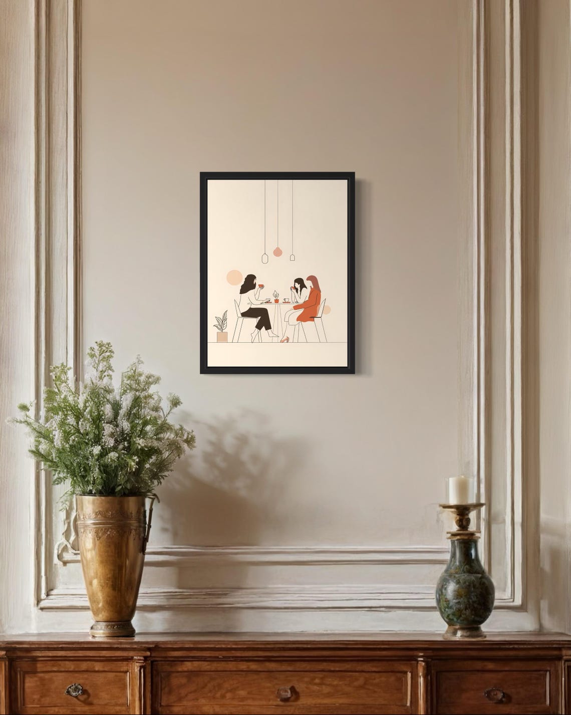 Three Friends Coffee Date Minimalist Cafe Boho Women Art Poster - Image 2