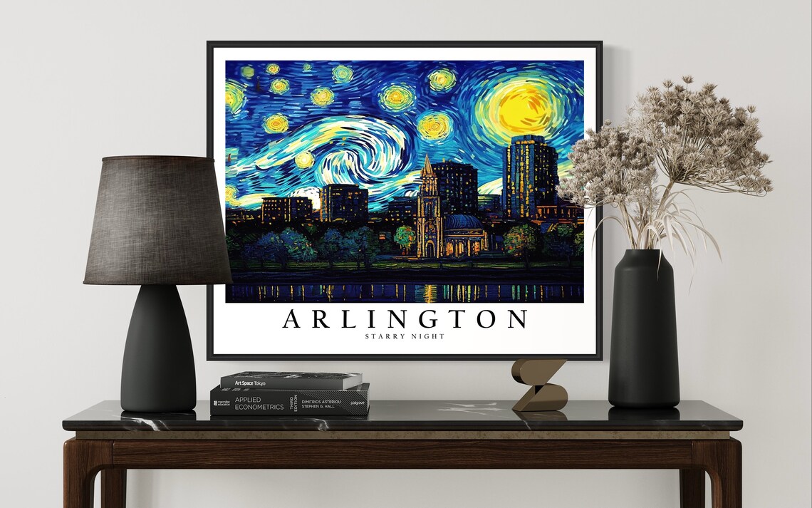 Arlington Texas Starry Night Skyline Church Tower Night Lights Art Poster - Image 3